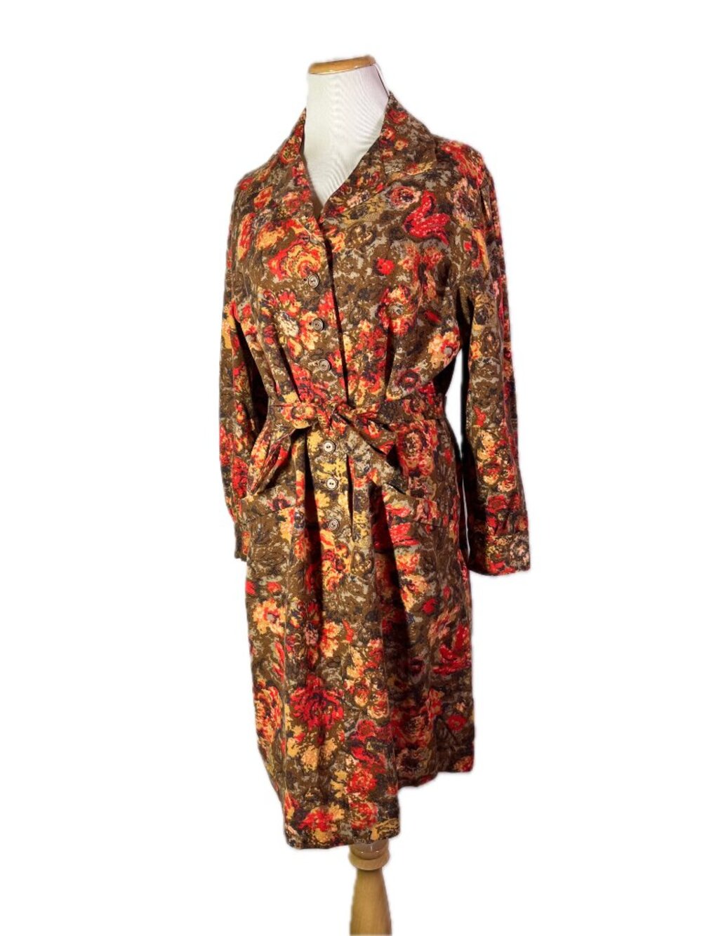Vintage late 1960s Homemade Dress Floral Sash Tie Brown Orange Fits L
